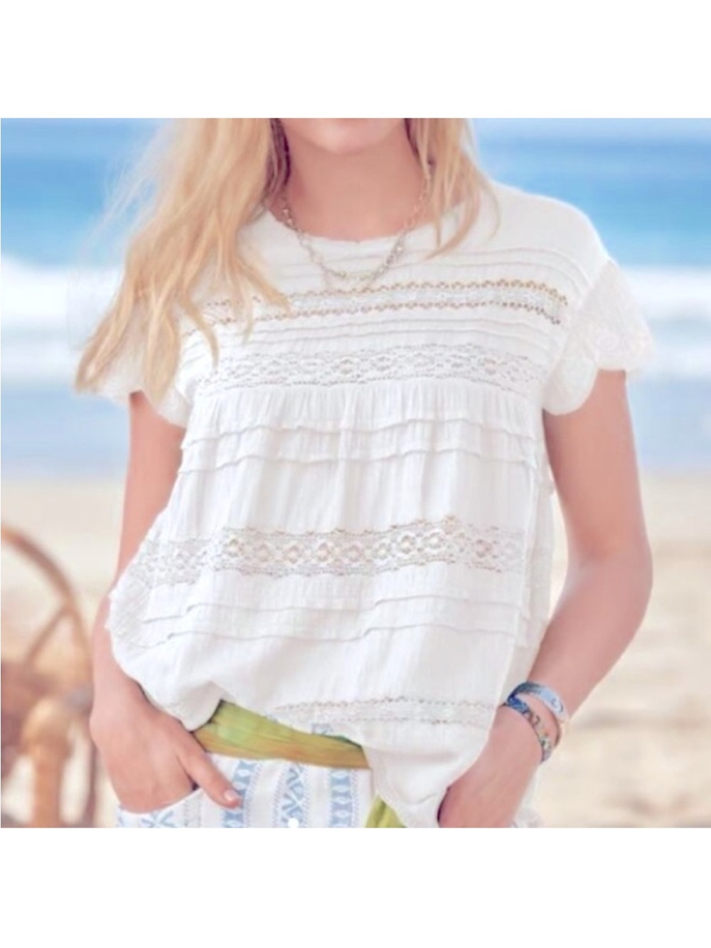 Sundance Aria Lace Embroidered Pintuck Cap Sleeve Oversized White Boho Top Large